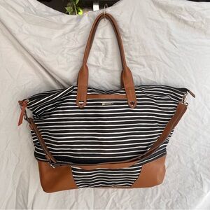 Stella & Dot Black and Brown Striped Expandable Getaway Tote Bag